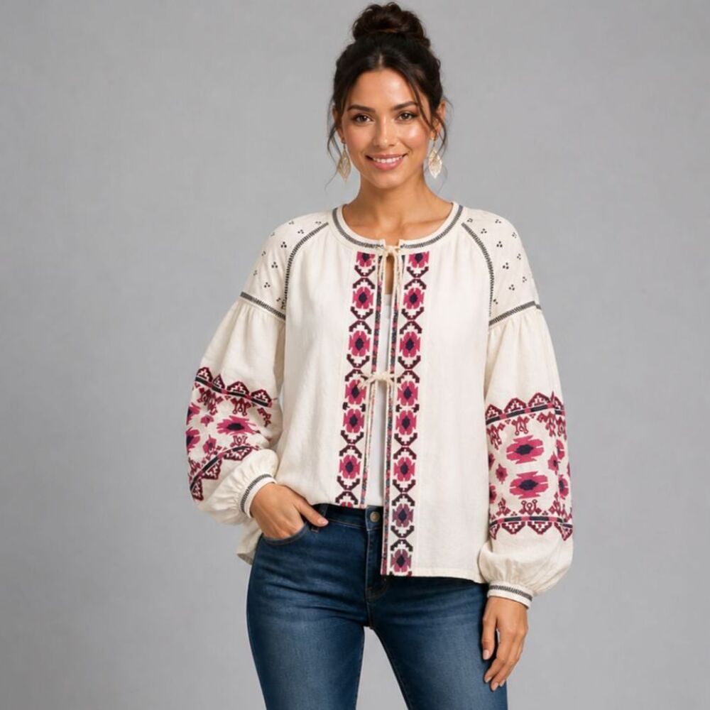 Embroidered Boho Chic Peasant Top XS Off White Open Tie Front Puff Sleeve Folk S